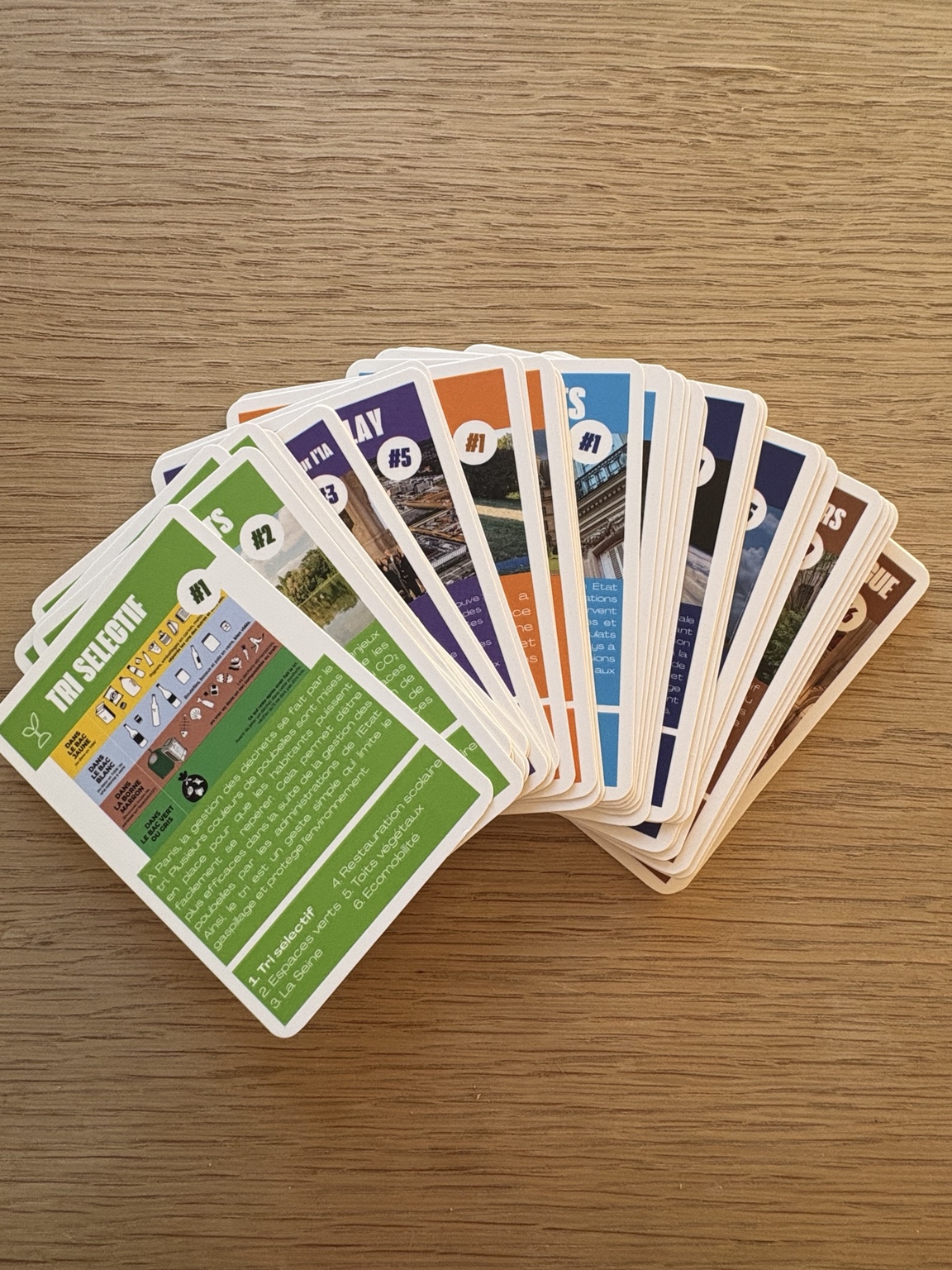 Les cartes colorées du jeu Paris en 7 familles disposées en éventail